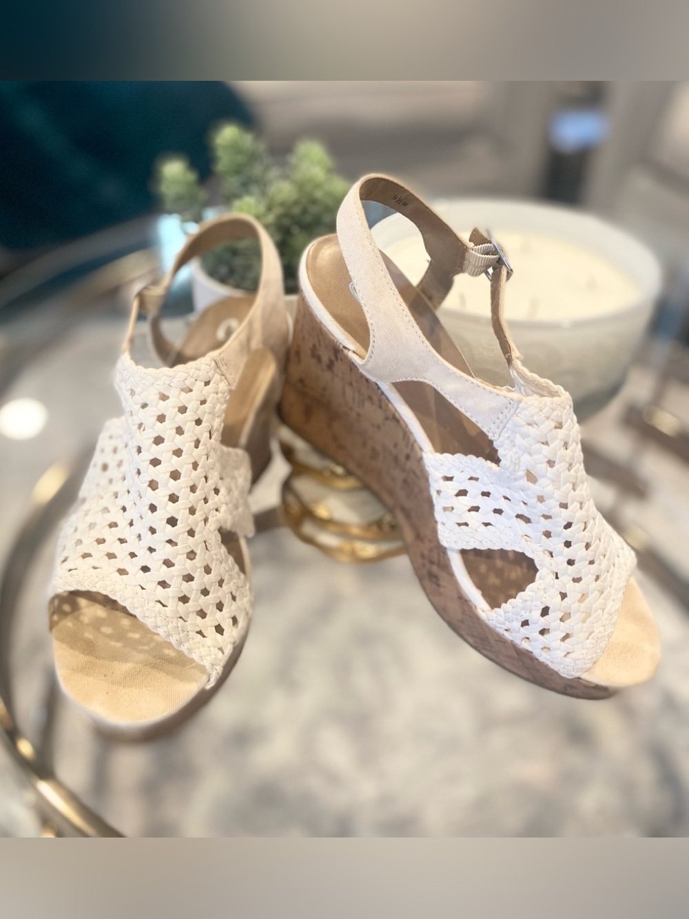 So Woven Cork Wedge Sandals - White size 9.5 with buckles